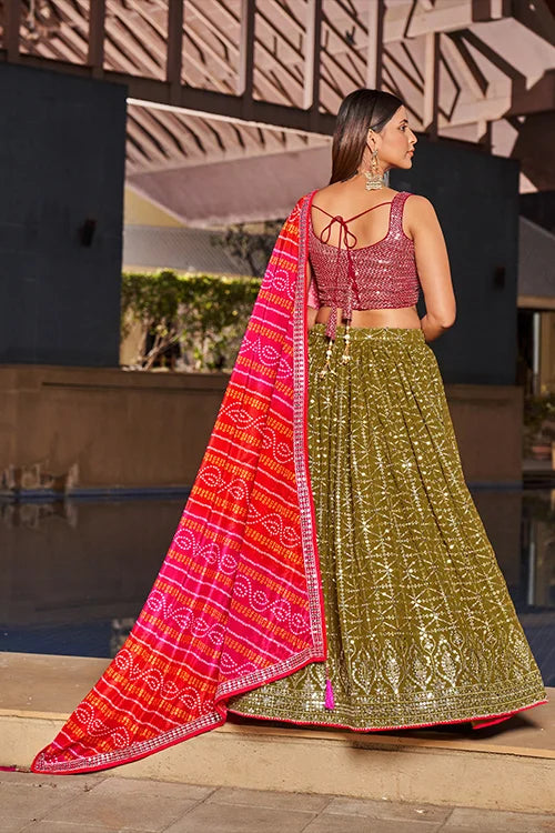 Indian Collection For Bridal Wear Lehenga Choli With Dupatta  Olive-Pink Colour Clothsvilla