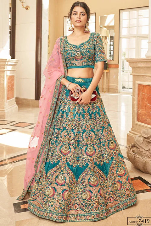 Indian Ethnic Wear Teal Blue Colour Embroidery  Lehenga Choli Clothsvilla Main image