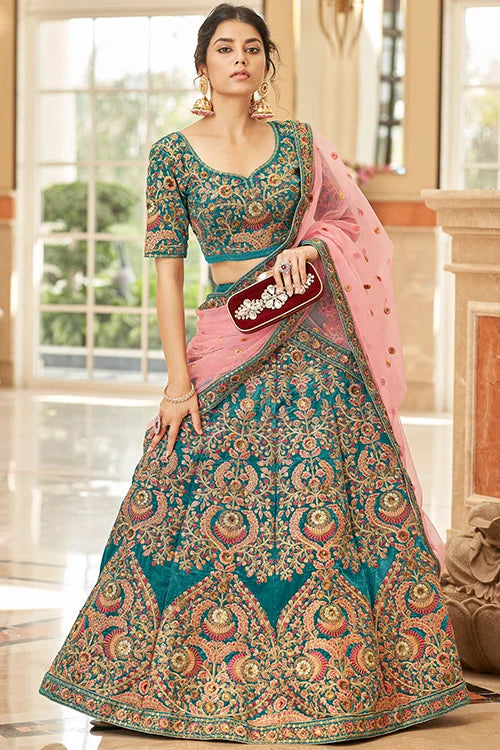 Indian Ethnic Wear Teal Blue Colour Embroidery  Lehenga Choli Clothsvilla
