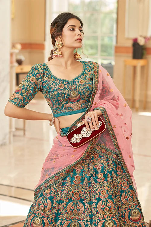 Indian Ethnic Wear Teal Blue Colour Embroidery  Lehenga Choli Clothsvilla