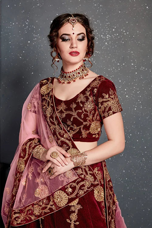 Indian Wear Embroidery Lehenga Choli In Marron Color Clothsvilla