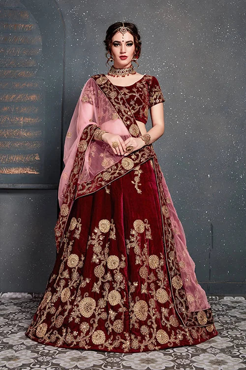 Indian Wear Embroidery Lehenga Choli In Marron Color Clothsvilla
