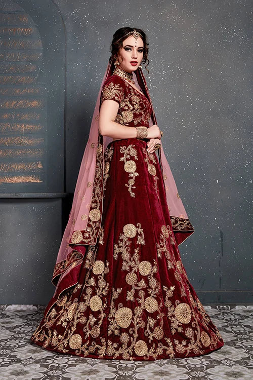 Indian Wear Embroidery Lehenga Choli In Marron Color Clothsvilla