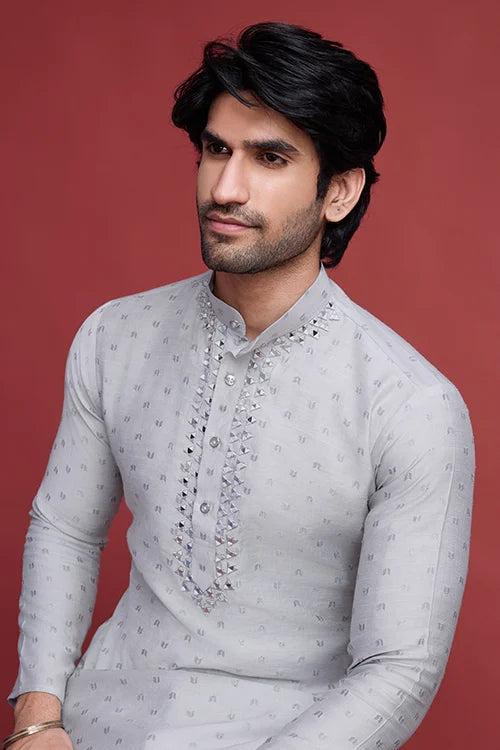 Beige Viscose Men’s Kurta - Mirror Work Design Clothsvilla