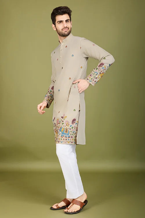 Ivery Color Embroidered Work Cotton Kurta for Men Clothsvilla