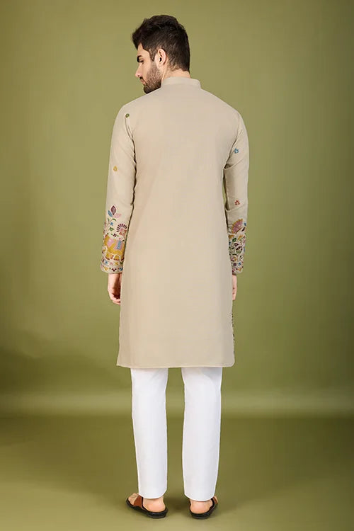 Ivery Color Embroidered Work Cotton Kurta for Men Clothsvilla
