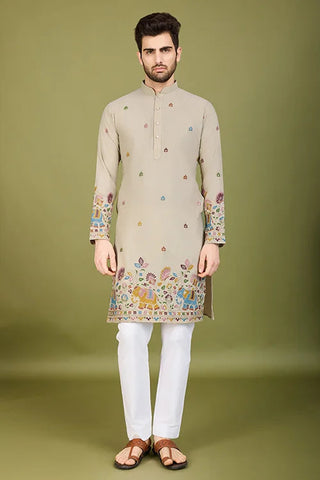 Ivery Color Embroidered Work Cotton Kurta for Men Clothsvilla
