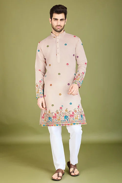 Ivory Viscose Silk Men's Kurta with Thread Work Clothsvilla