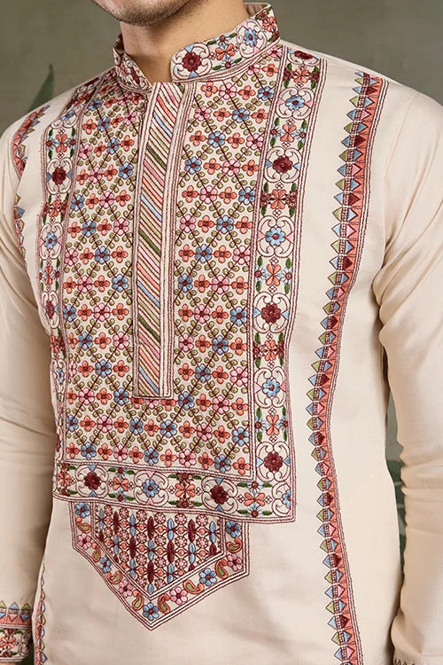 Classic Ivory Embroidered Kurta Pajama for Men Clothsvilla