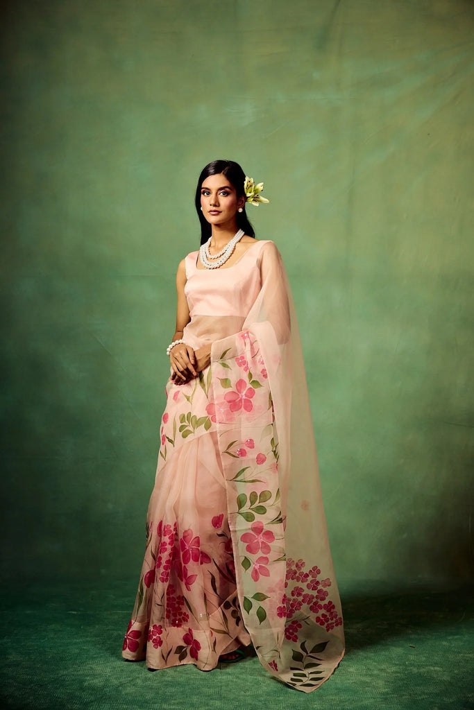 Blush Pink Pure Organza Saree with Hand-Painted White Floral Motifs and Sequin Detailing FANCY SAREES