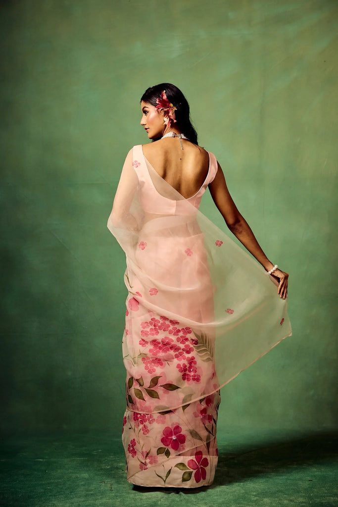 Blush Pink Pure Organza Saree with Hand-Painted White Floral Motifs and Sequin Detailing FANCY SAREES