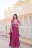 Designer Square Neck Pink Gown with Position Print, Fancy Balloon Sleeves & Matching Dupatta ClothsVilla