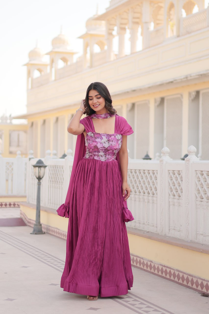 Designer Square Neck Pink Gown with Position Print, Fancy Balloon Sleeves & Matching Dupatta Secondary image