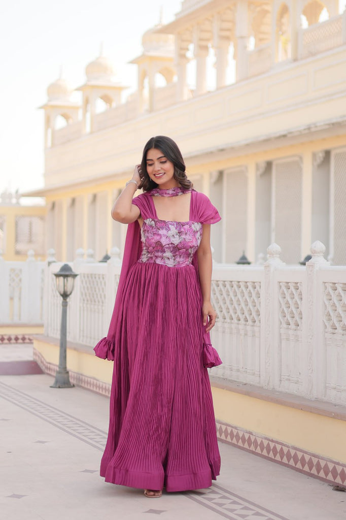 Designer Square Neck Pink Gown with Position Print, Fancy Balloon Sleeves & Matching Dupatta ClothsVilla