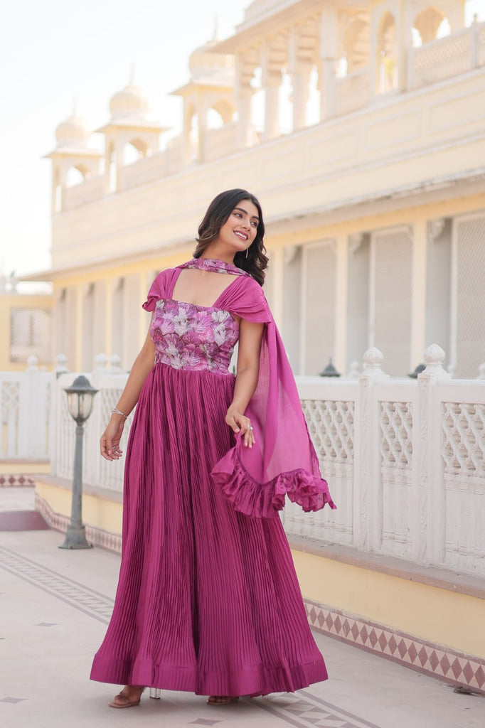 Designer Square Neck Pink Gown with Position Print, Fancy Balloon Sleeves & Matching Dupatta ClothsVilla