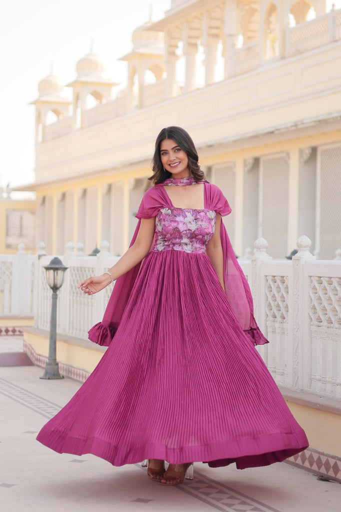 Designer Square Neck Pink Gown with Position Print, Fancy Balloon Sleeves & Matching Dupatta ClothsVilla