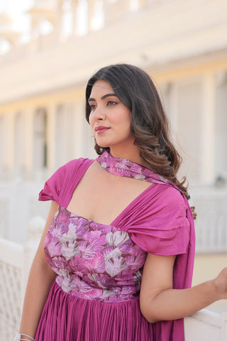Designer Square Neck Pink Gown with Position Print, Fancy Balloon Sleeves & Matching Dupatta ClothsVilla