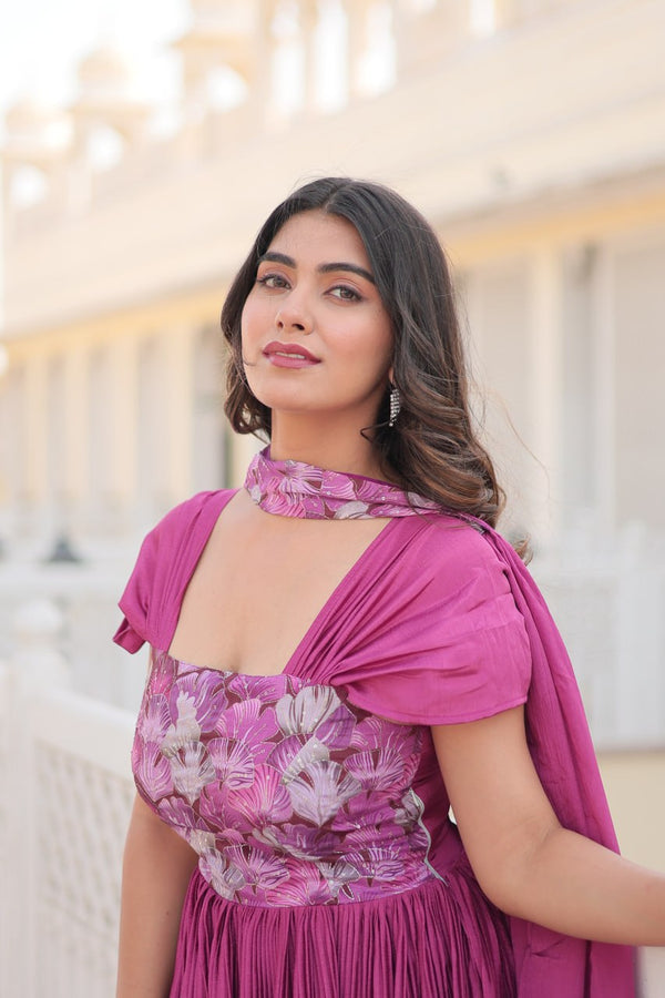 Designer Square Neck Pink Gown with Position Print, Fancy Balloon Sleeves & Matching Dupatta ClothsVilla