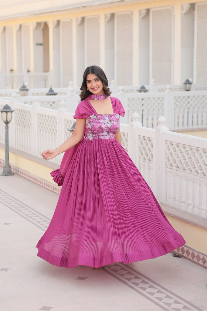 Designer Square Neck Pink Gown with Position Print, Fancy Balloon Sleeves & Matching Dupatta ClothsVilla