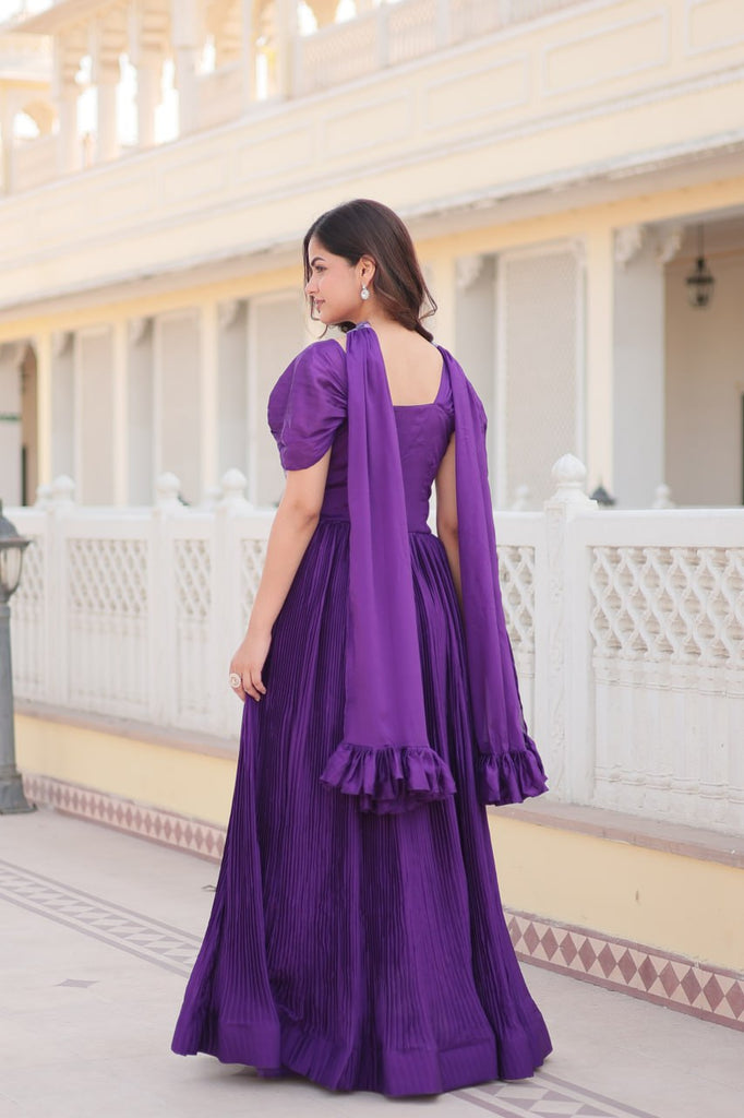 Designer Square Neck Purple Gown with Position Print, Fancy Balloon Sleeves & Matching Dupatta ClothsVilla