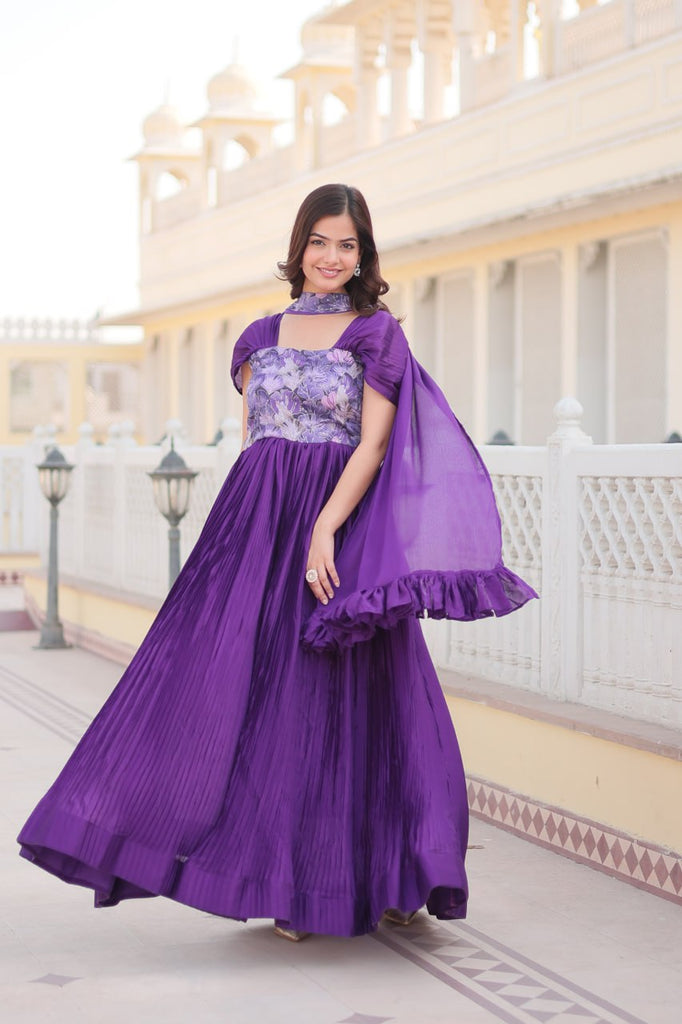 Designer Square Neck Purple Gown with Position Print, Fancy Balloon Sleeves & Matching Dupatta ClothsVilla