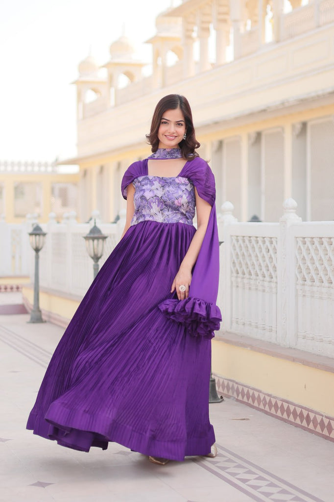 Designer Square Neck Purple Gown with Position Print, Fancy Balloon Sleeves & Matching Dupatta ClothsVilla