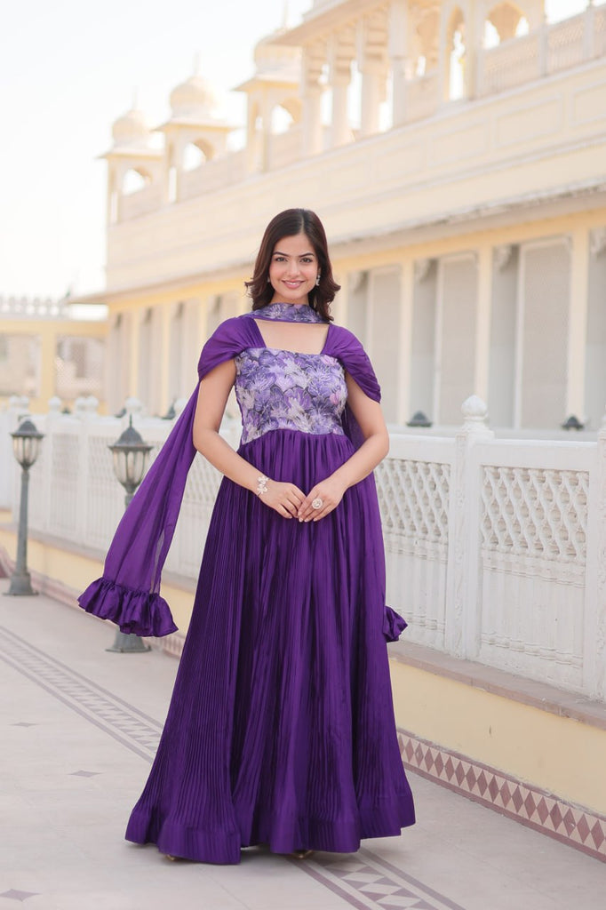 Designer Square Neck Purple Gown with Position Print, Fancy Balloon Sleeves & Matching Dupatta ClothsVilla