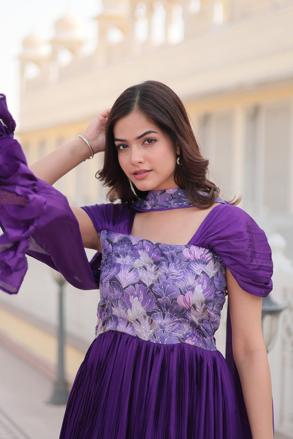 Designer Square Neck Purple Gown with Position Print, Fancy Balloon Sleeves & Matching Dupatta ClothsVilla