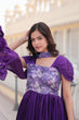 Load image into Gallery viewer, Designer Square Neck Purple Gown with Position Print, Fancy Balloon Sleeves &amp; Matching Dupatta ClothsVilla