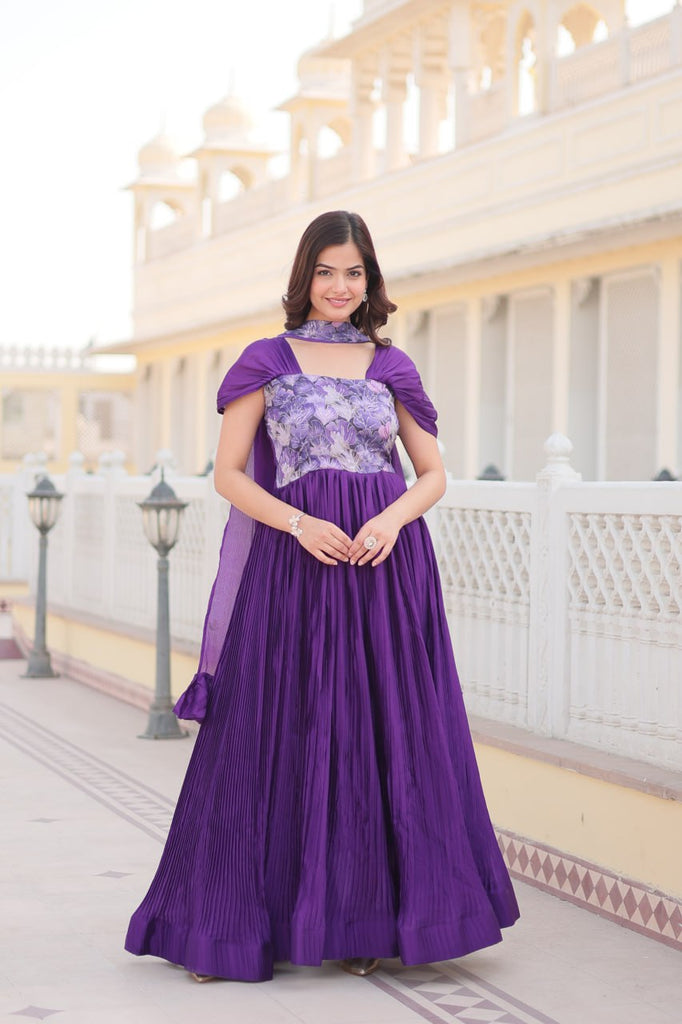 Designer Square Neck Purple Gown with Position Print, Fancy Balloon Sleeves & Matching Dupatta ClothsVilla