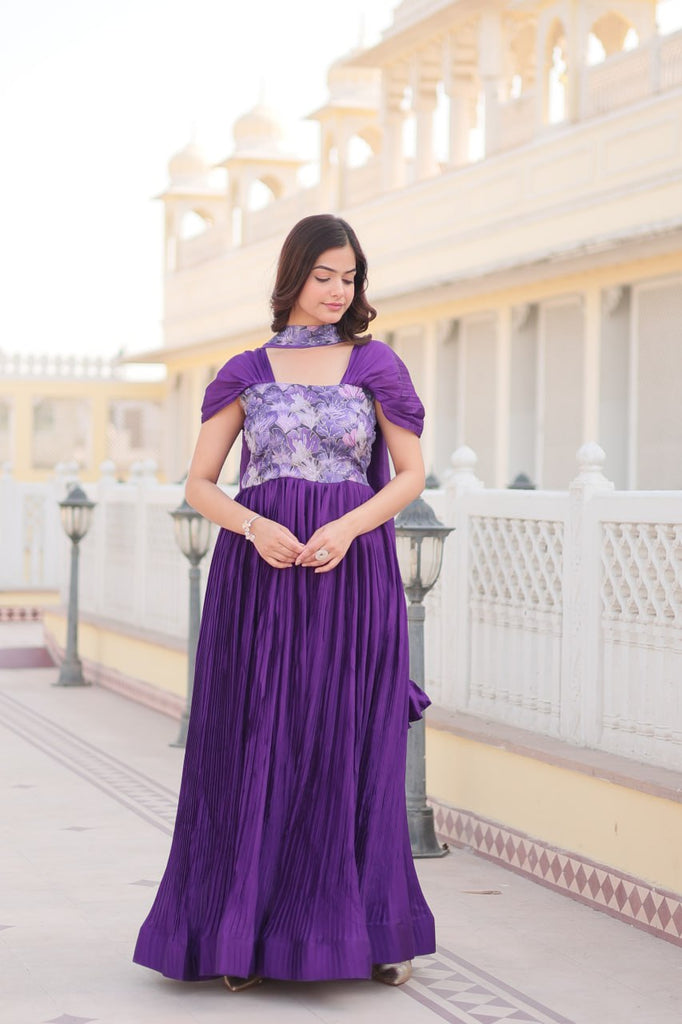 Designer Square Neck Purple Gown with Position Print, Fancy Balloon Sleeves & Matching Dupatta ClothsVilla