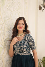 Load image into Gallery viewer, Luxurious Zari-Embroidered Rama Color Gown for Discerning Women ClothsVilla