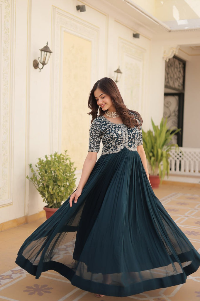 Luxurious Zari-Embroidered Rama Color Gown for Discerning Women ClothsVilla