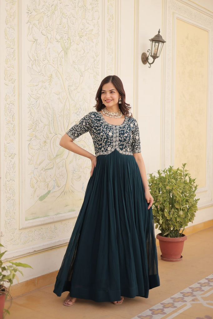 Luxurious Zari-Embroidered Rama Color Gown for Discerning Women ClothsVilla