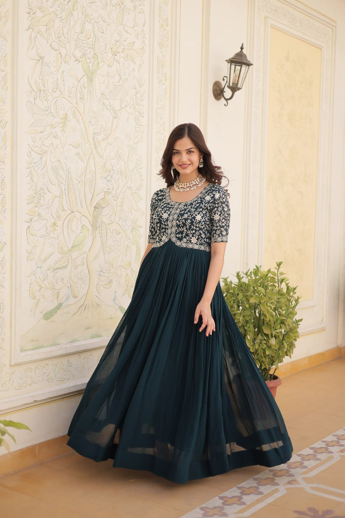 Luxurious Zari-Embroidered Rama Color Gown for Discerning Women ClothsVilla