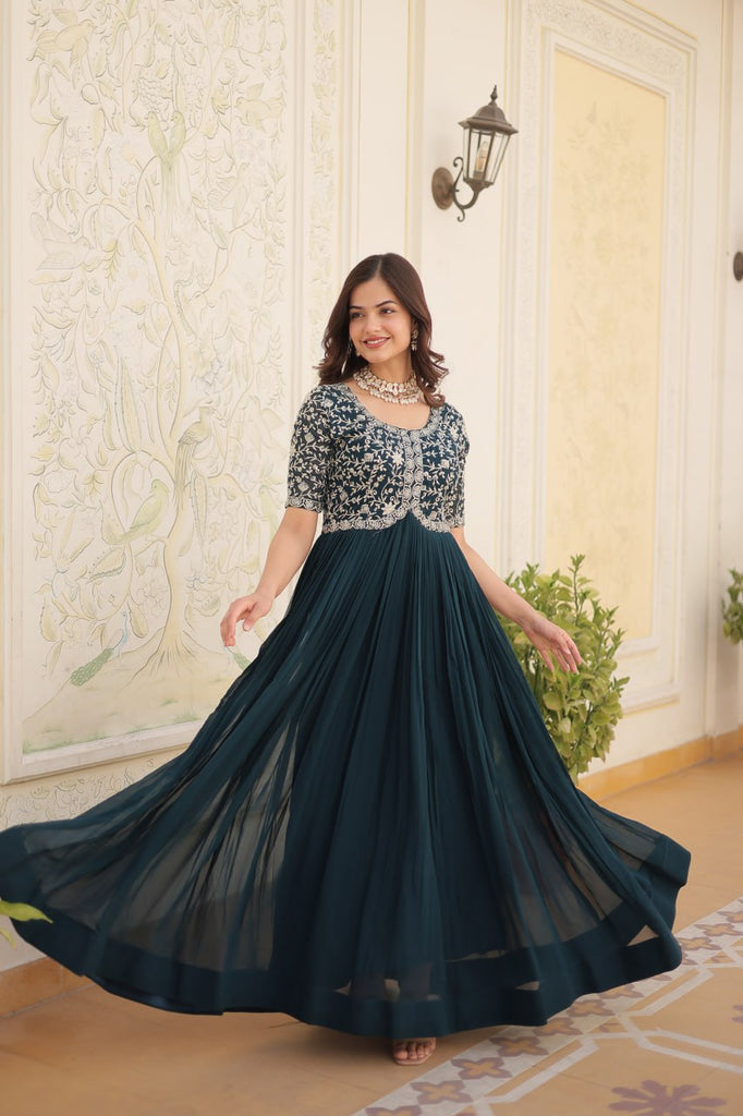 Luxurious Zari-Embroidered Rama Color Gown for Discerning Women ClothsVilla