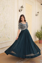 Load image into Gallery viewer, Luxurious Zari-Embroidered Rama Color Gown for Discerning Women ClothsVilla