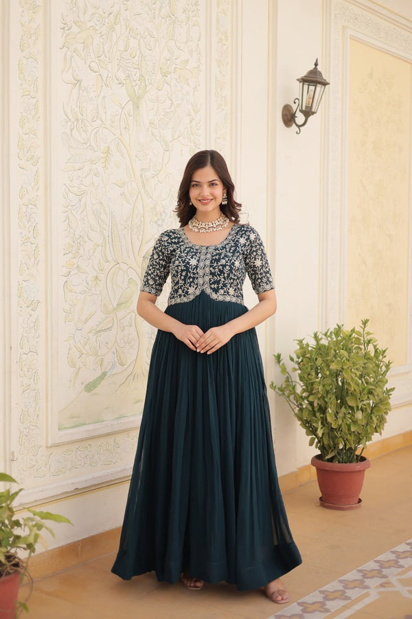 Luxurious Zari-Embroidered Rama Color Gown for Discerning Women ClothsVilla