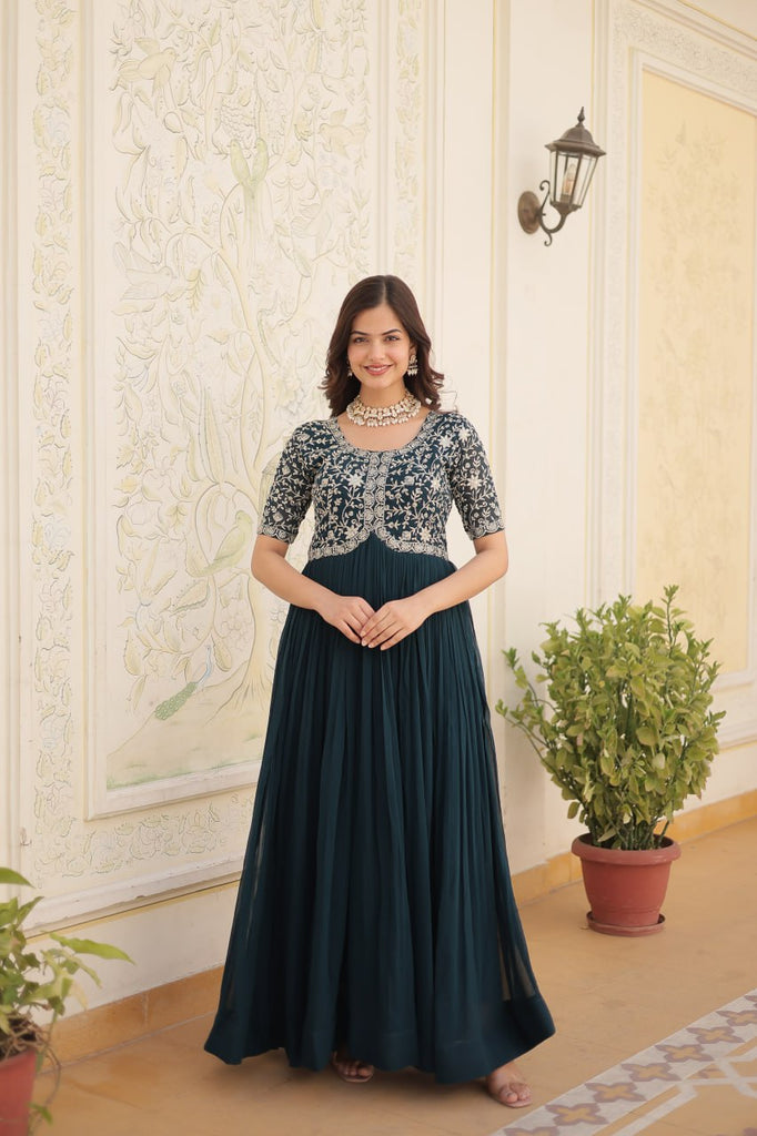 Luxurious Zari-Embroidered Rama Color Gown for Discerning Women ClothsVilla