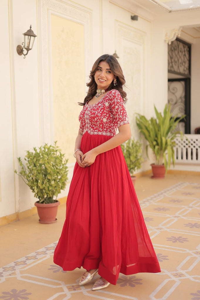 Luxurious Zari-Embroidered Red Gown for Discerning Women ClothsVilla