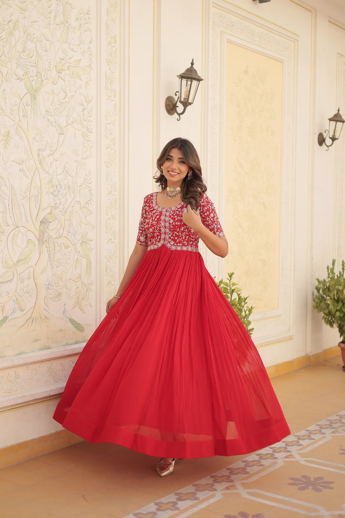 Luxurious Zari-Embroidered Red Gown for Discerning Women ClothsVilla