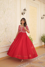 Load image into Gallery viewer, Luxurious Zari-Embroidered Red Gown for Discerning Women ClothsVilla