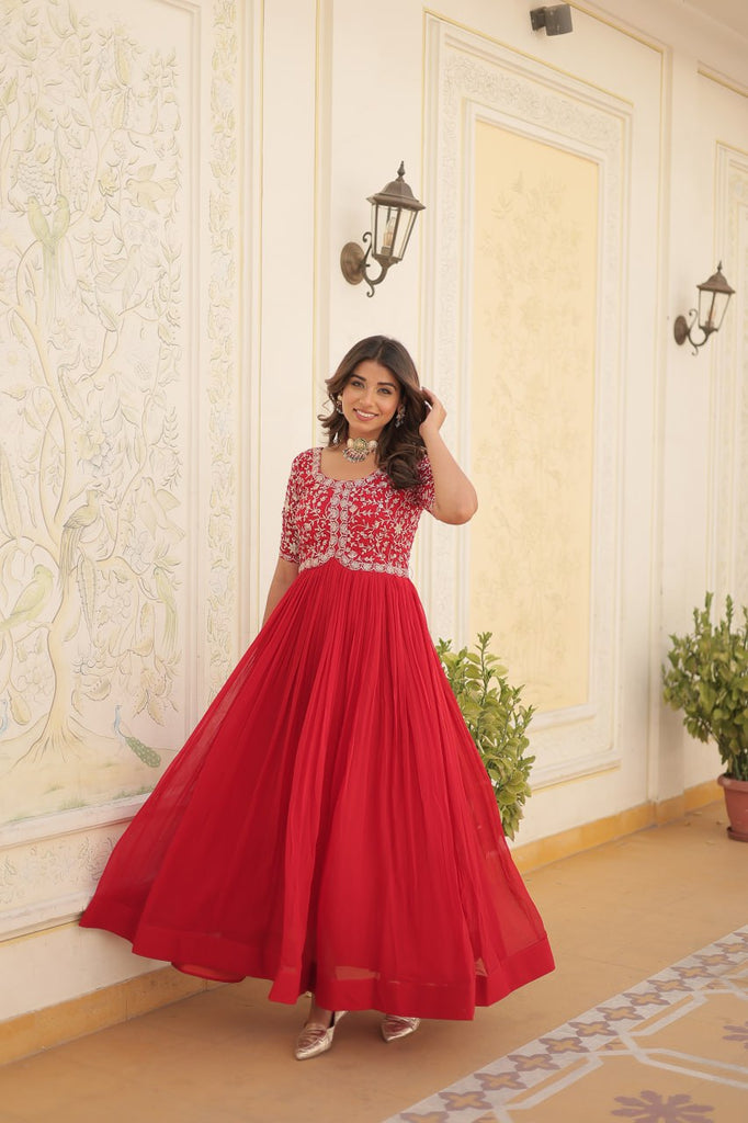 Luxurious Zari-Embroidered Red Gown for Discerning Women Luxurious Zari-Embroidered Red Gown for Discerning Women