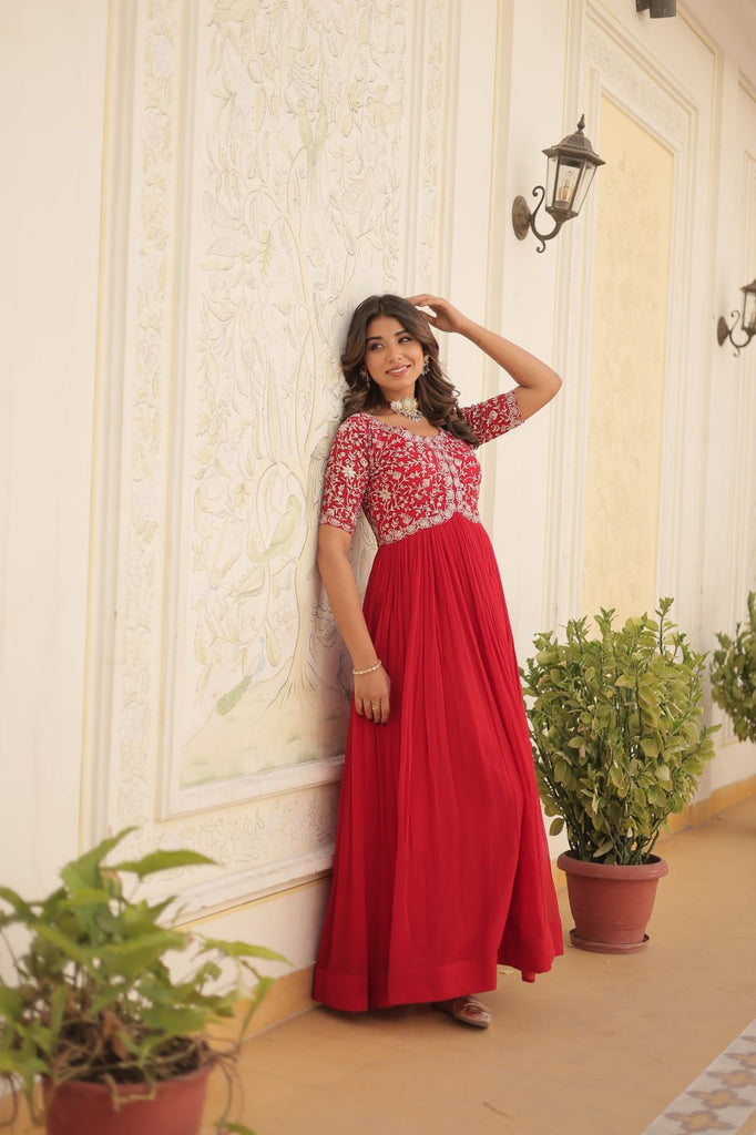 Luxurious Zari-Embroidered Red Gown for Discerning Women Luxurious Zari-Embroidered Red Gown for Discerning Women