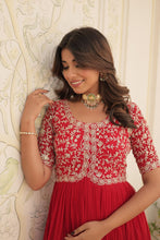 Load image into Gallery viewer, Luxurious Zari-Embroidered Red Gown for Discerning Women ClothsVilla