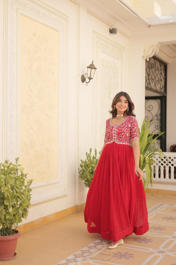 Luxurious Zari-Embroidered Red Gown for Discerning Women ClothsVilla