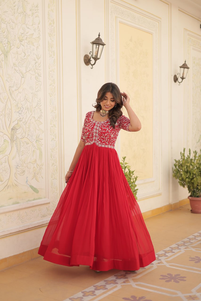 Luxurious Zari-Embroidered Red Gown for Discerning Women ClothsVilla