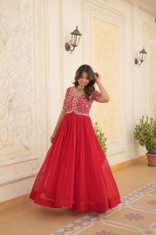 Luxurious Zari-Embroidered Red Gown for Discerning Women ClothsVilla
