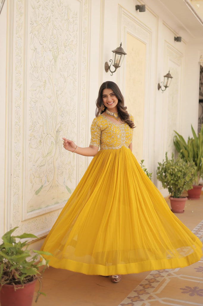 Luxurious Zari-Embroidered Yellow Gown for Discerning Women ClothsVilla