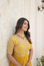 Load image into Gallery viewer, Luxurious Zari-Embroidered Yellow Gown for Discerning Women ClothsVilla